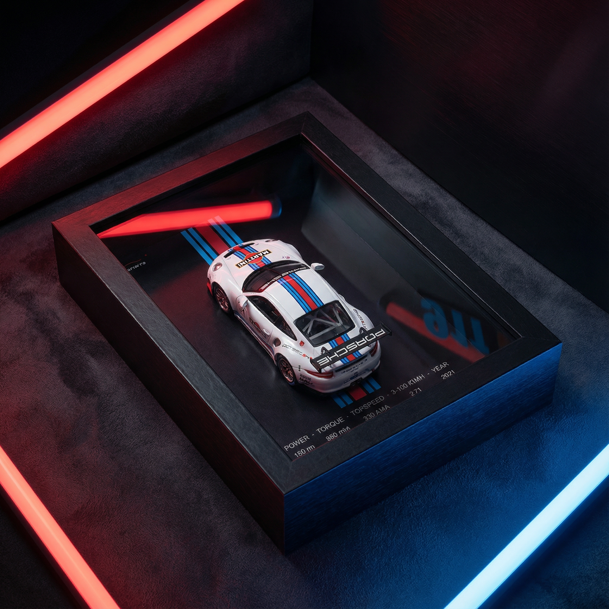 Model car in a display case with red and blue lighting